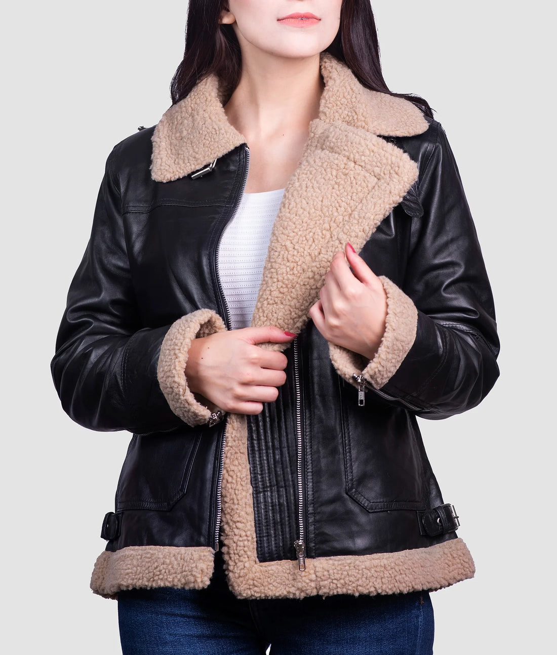Sara Womens Black Shearling Aviator Jacket | Womens Black Shearling Aviator Jacket-1